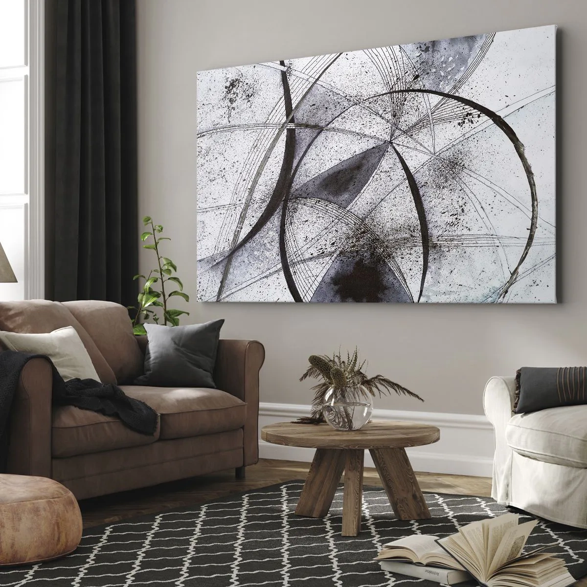 Schilderen op canvas - Abstracte lijnen en vormen in tinten grijs en zwart - 70x50cm - Futuristische fantasie - Moderne wanddecoratie voor woonkamer en slaapkamer ARTTOR