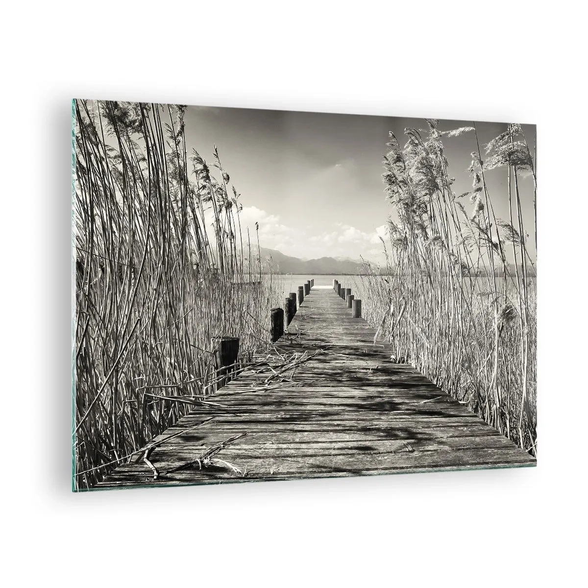 Schilderen op glas - Een houten brug leidt door het gras over een rustig meer. - 70x50cm - In de stilte van het gras - Moderne wanddecoratie voor woonkamer en slaapkamer ARTTOR