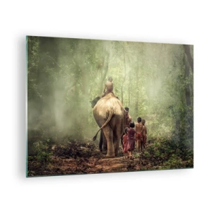 Schilderen op glas - Een olifant in het bos met kinderen in traditionele kostuums - 70x50cm - Nieuw Jungle Boek - Moderne wanddecoratie voor woonkamer en slaapkamer ARTTOR