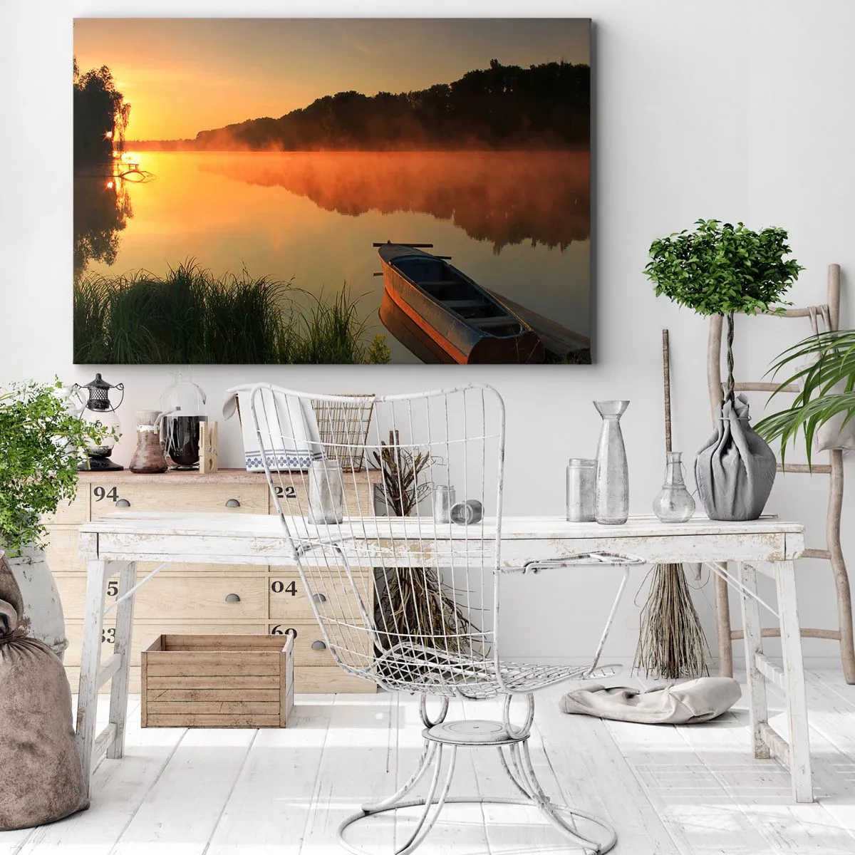 Schilderen op canvas - Zonsopgang boven het water als een spiegel - 120x80 cm