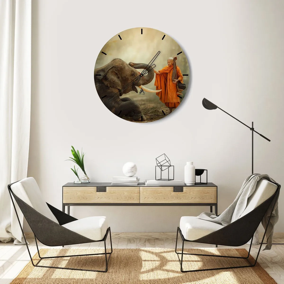Wandklok - Klok - Een boeddhistische monnik en een olifant in een vredige, natuurlijke omgeving - 30x30cm - Ontmoeting tijdens een reis - Moderne wanddecoratie voor woonkamer, keuken en slaapkamer ARTTOR