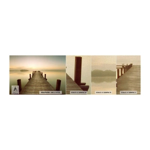 Fotobehang Monster Premium Canvas - Aanbreken van de dag, licht - Landschap, Meer, Houten brug - 100x30 cm