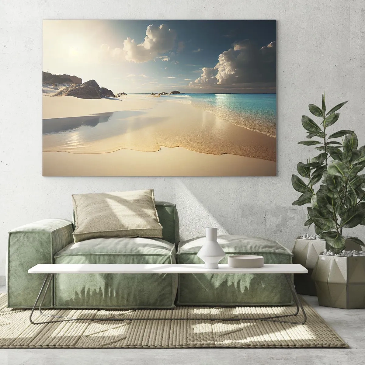 Schilderen op glas - Goudkleurig strand en turquoise zee in het licht van de ochtendzon - 70x50cm - Een droomdag - Moderne wanddecoratie voor woonkamer en slaapkamer ARTTOR