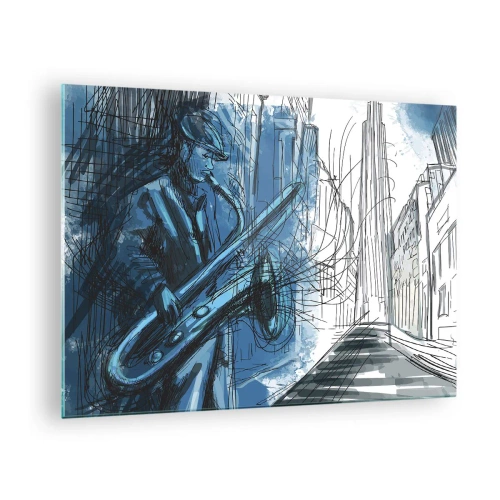 Schilderen op glas - Jazzsaxofonist in een blauwgekleurde stedelijke omgeving - 70x50cm - Stedelijke Rapsodie - Moderne wanddecoratie voor woonkamer en slaapkamer ARTTOR
