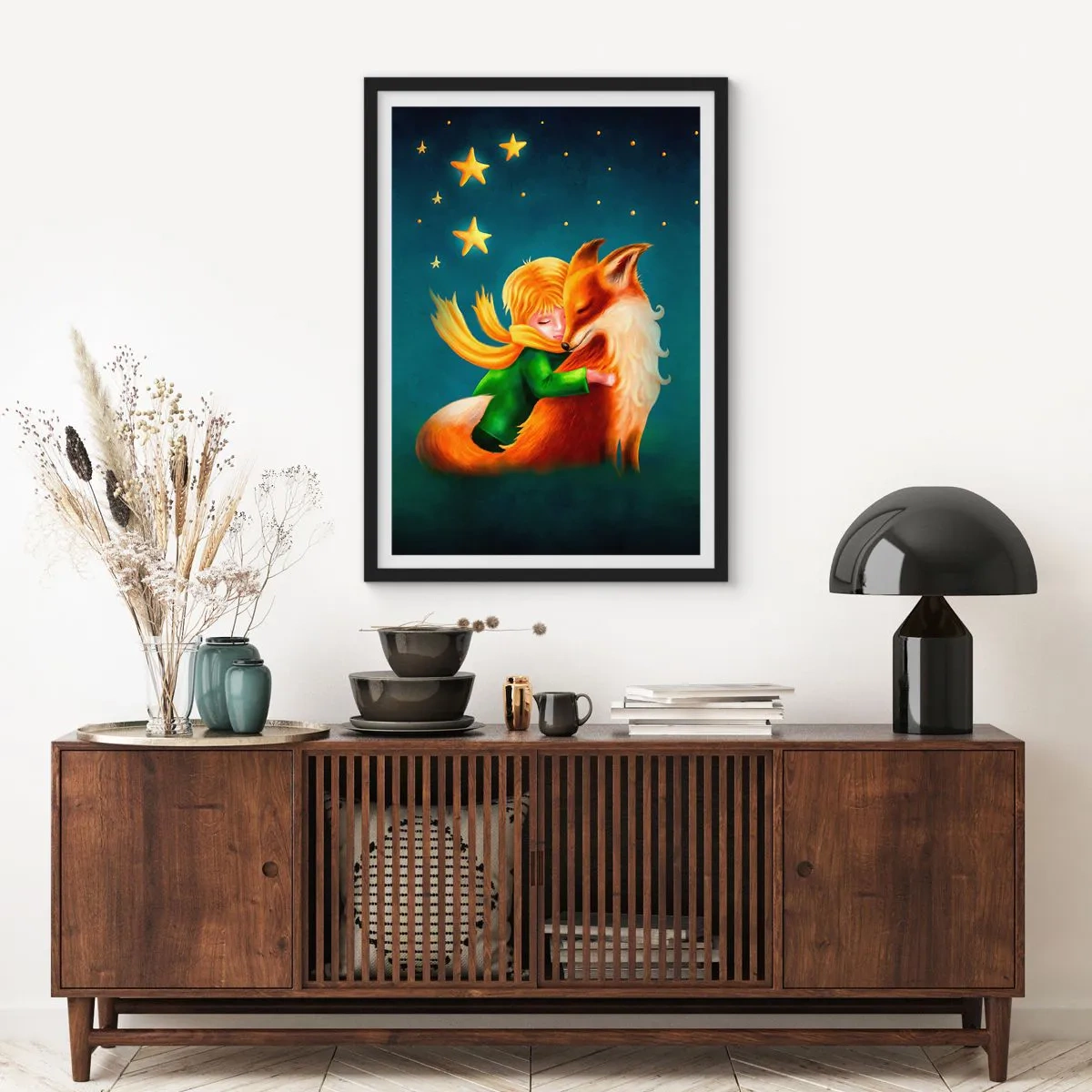 Poster in een zwarte lijst - Een figuur met een vos in een magisch sterrenlandschap - 50x70cm - Kleine Prins - Moderne wanddecoratie voor woonkamer en slaapkamer ARTTOR