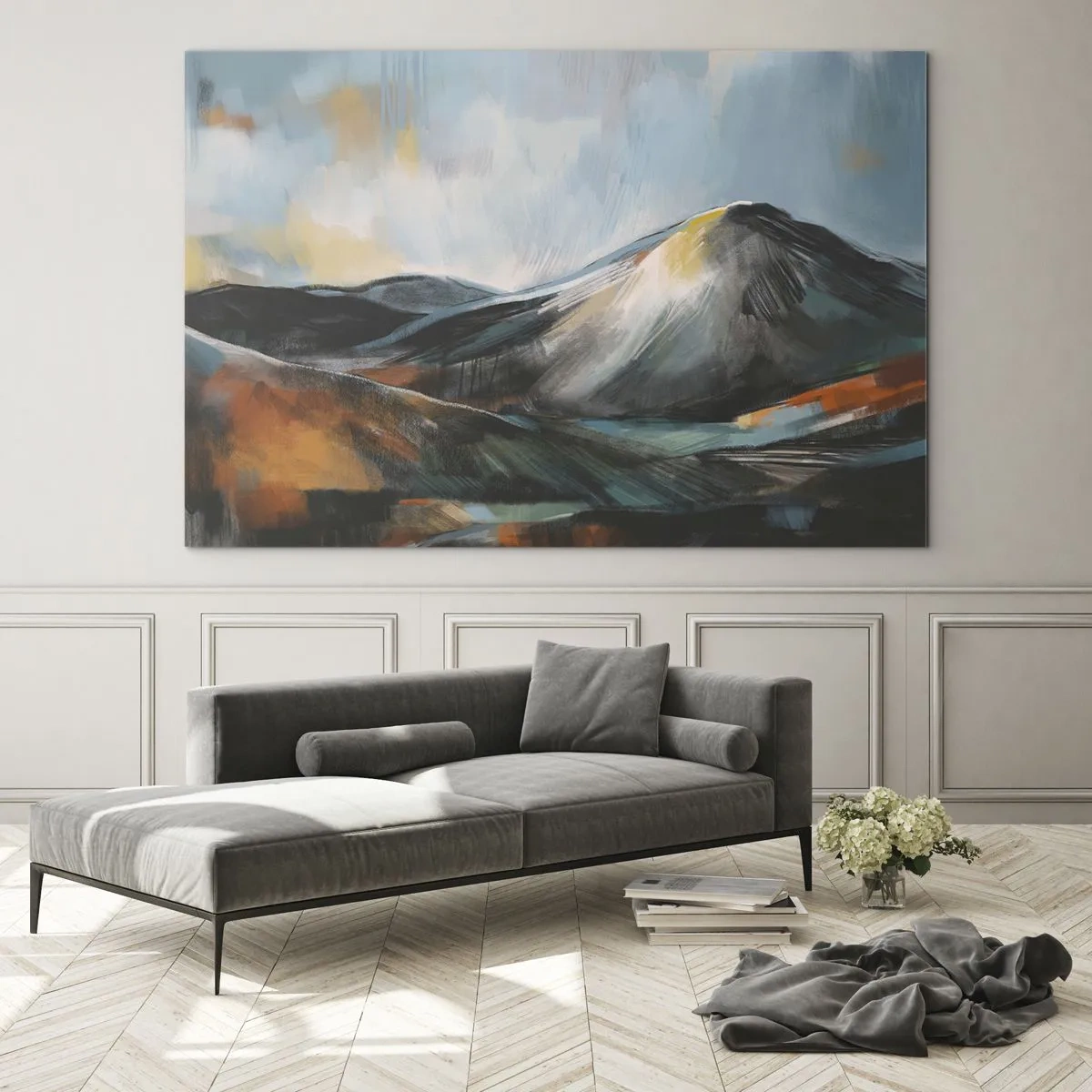 Schilderen op glas - Een schilderachtig berglandschap in warme en koele kleuren - 70x50cm - Ruw en prachtig - Moderne wanddecoratie voor woonkamer en slaapkamer ARTTOR
