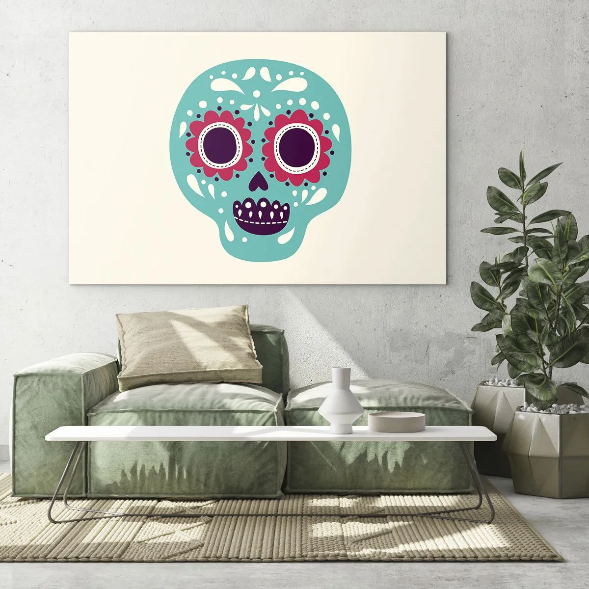Schilderen op glas - Een kleurrijke schedel versierd met patronen op een lichte achtergrond - 70x50cm - Leven – plezier tot de dood - Moderne wanddecoratie voor woonkamer en slaapkamer ARTTOR
