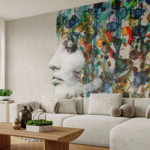 Fotobehang Standard Eco - Ze kwam uit het grijs - Het gezicht van de vrouw, Abstractie, Grafisch - 500x350 cm