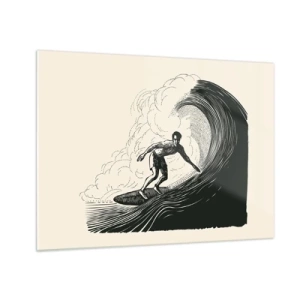 Schilderen op glas - Surfer rijdt op een hoge golf in een retro-tekenstijl - 70x50cm - Koning van de golf - Moderne wanddecoratie voor woonkamer en slaapkamer ARTTOR