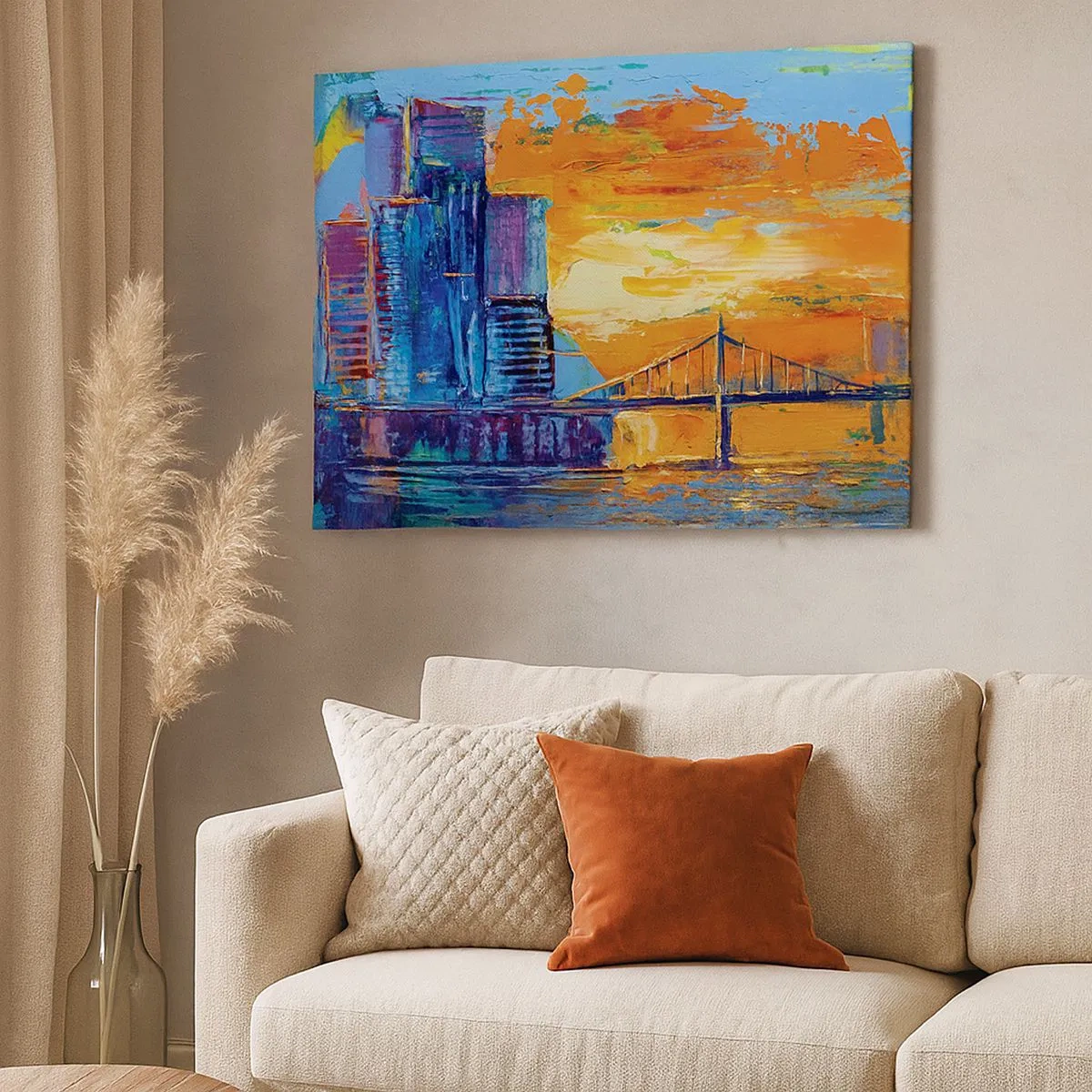 Schilderen op canvas - Een kleurrijke stad met een brug in de ondergaande zon - 70x50cm - Cultuur en natuur - Moderne wanddecoratie voor woonkamer en slaapkamer ARTTOR