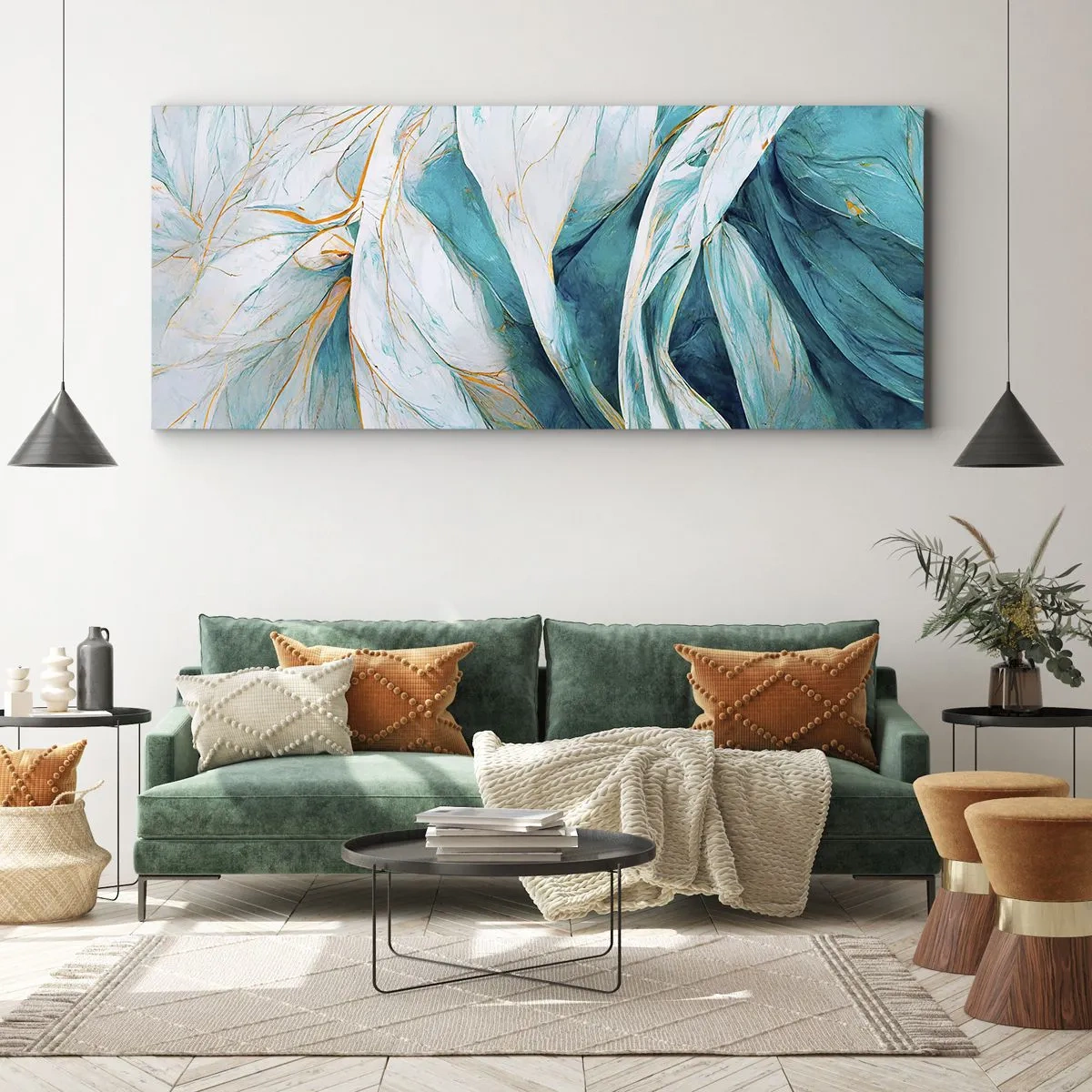 Schilderen op canvas - Blauwe abstractie met een gouden motief - 100x40 cm
