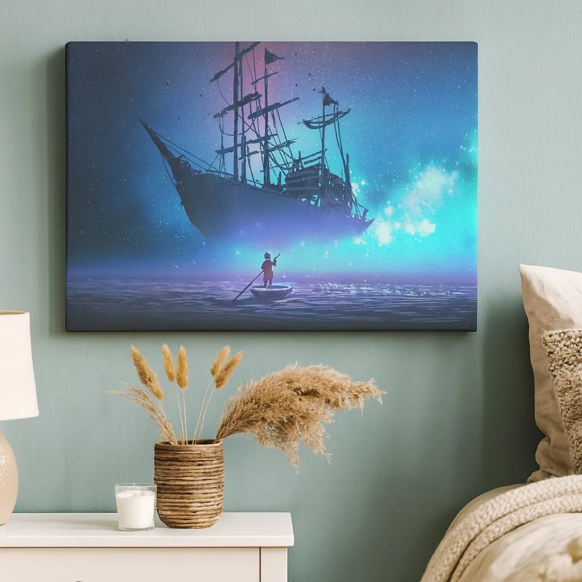 Schilderen op canvas - Een fantastisch schip tegen de sterrenhemel - 70x50cm - Ontmoeting met de mythe van de zee - Moderne wanddecoratie voor woonkamer en slaapkamer ARTTOR