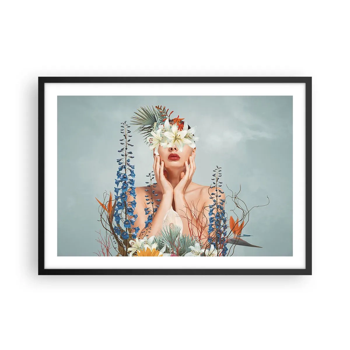Poster in een zwarte lijst - Vrouw - bloem - 70x50 cm