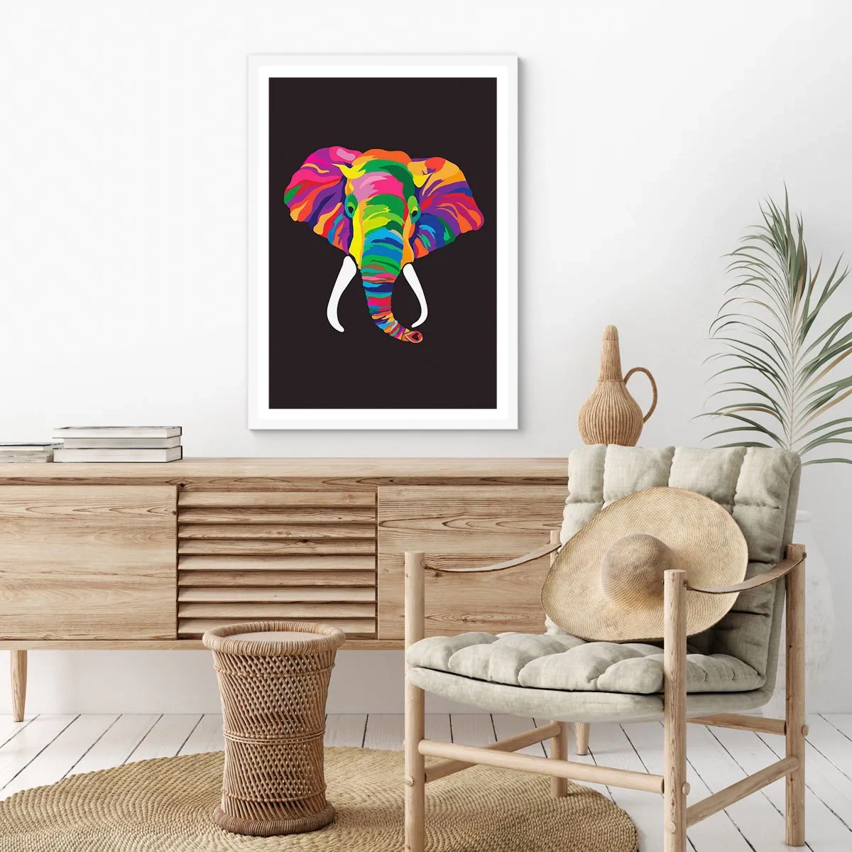 Poster in een witte lijst - De olifant die ervan hield om in de regenboog te baden - 50x70 cm