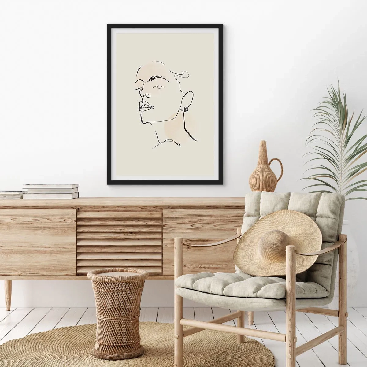 Poster in een zwarte lijst - Minimalistisch portret van een vrouw in lijnkunststijl - 50x70cm - Een trotse blik - Moderne wanddecoratie voor woonkamer en slaapkamer ARTTOR