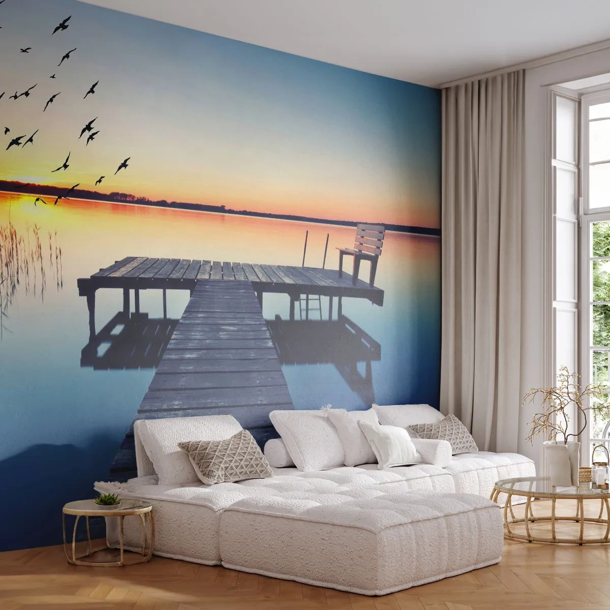 Fotobehang Premium Sand - Dat was een goede dag - Landschap, Meer, Houten brug - 100x70 cm