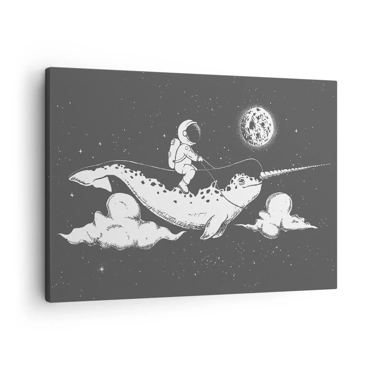 Schilderen op canvas - Een astronaut op de rug van een narwal die zweeft in een ruimtescène. - 70x50cm - Ruimte Ruiter - Moderne wanddecoratie voor woonkamer en slaapkamer ARTTOR