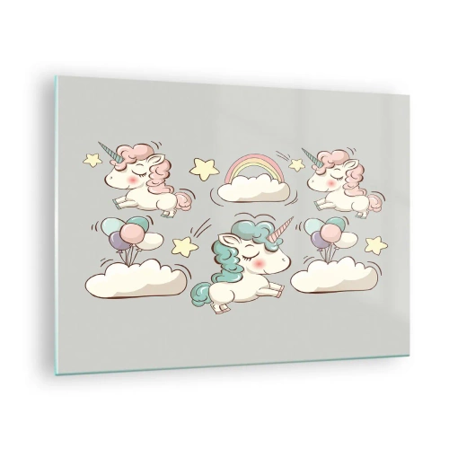 Schilderen op glas - Schattige eenhoorns in de wolken met een regenboog en ballonnen - 70x50cm - Ze bestaan 