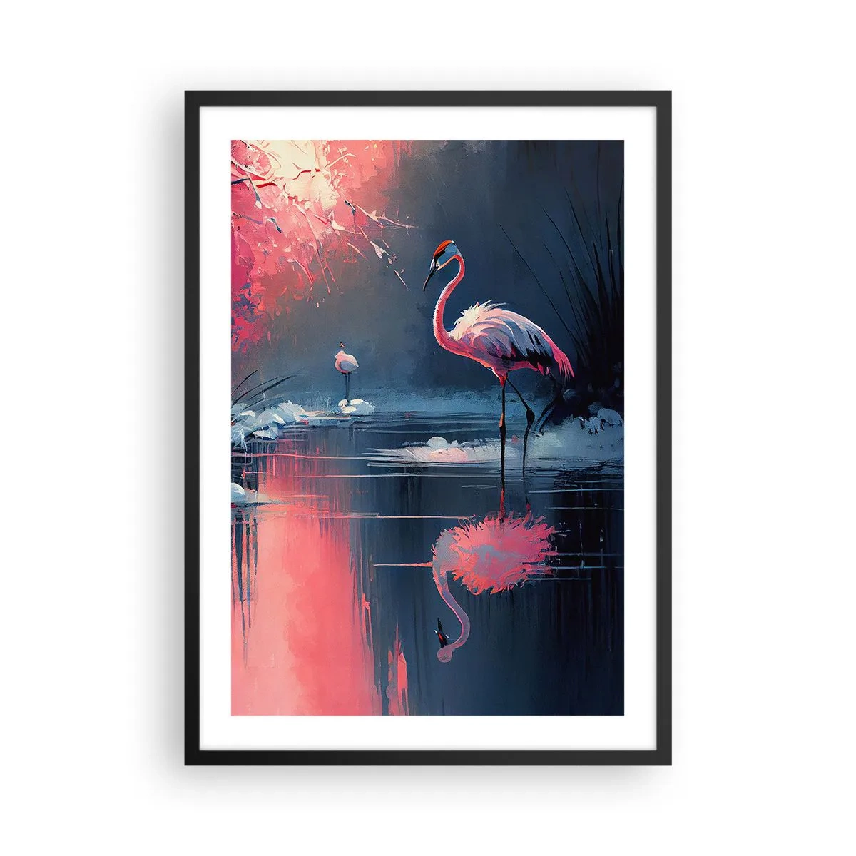 Poster in een zwarte lijst - Flamingo's op een kalm meer - 50x70cm - Een toevluchtsoord voor vogels - Moderne wanddecoratie voor woonkamer en slaapkamer ARTTOR
