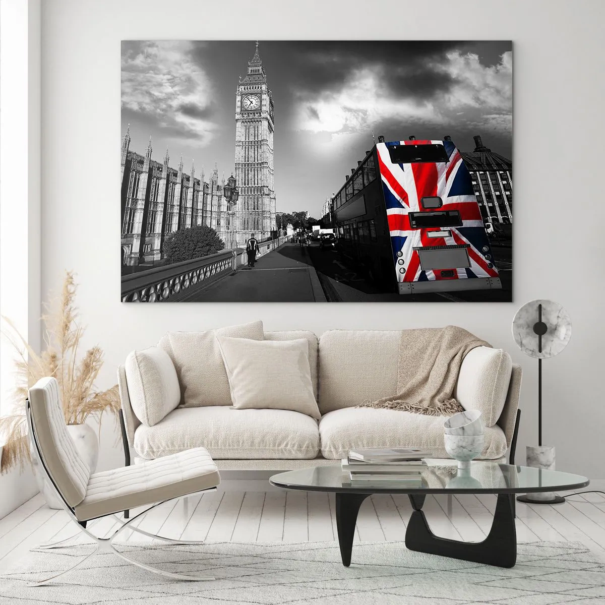 Schilderen op glas - Big Ben en een bus met een Britse vlag - 70x50cm - Trots en geweldig - Moderne wanddecoratie voor woonkamer en slaapkamer ARTTOR