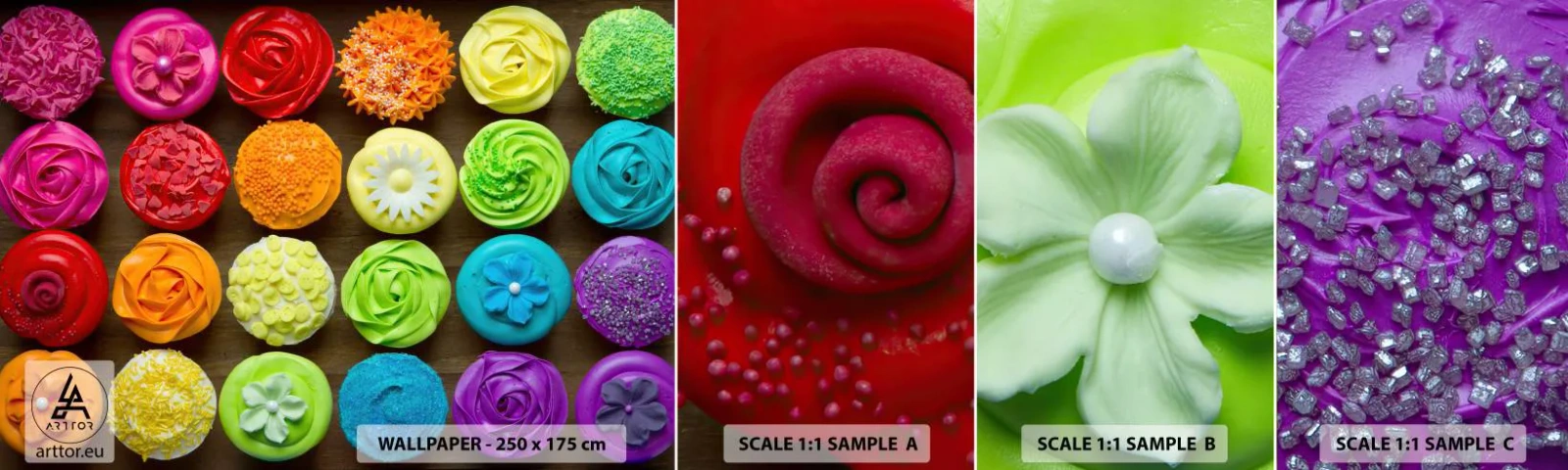 Fotobehang Staaltje Standard Eco - Elk anders - allemaal lekker  - Gastronomie, kleurrijke koekjes, 3D - 100x30 cm