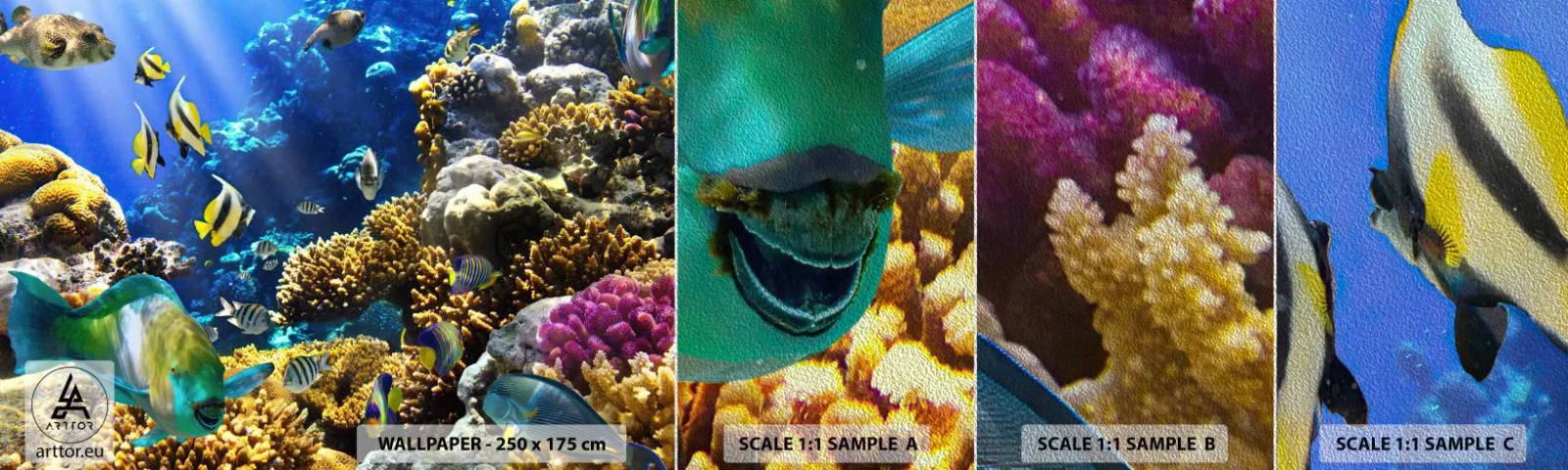 Fotobehang Monster Premium Sand - Veel verkeer op de vakantieroute - koraalrif, Oceaan, Vis - 100x30 cm