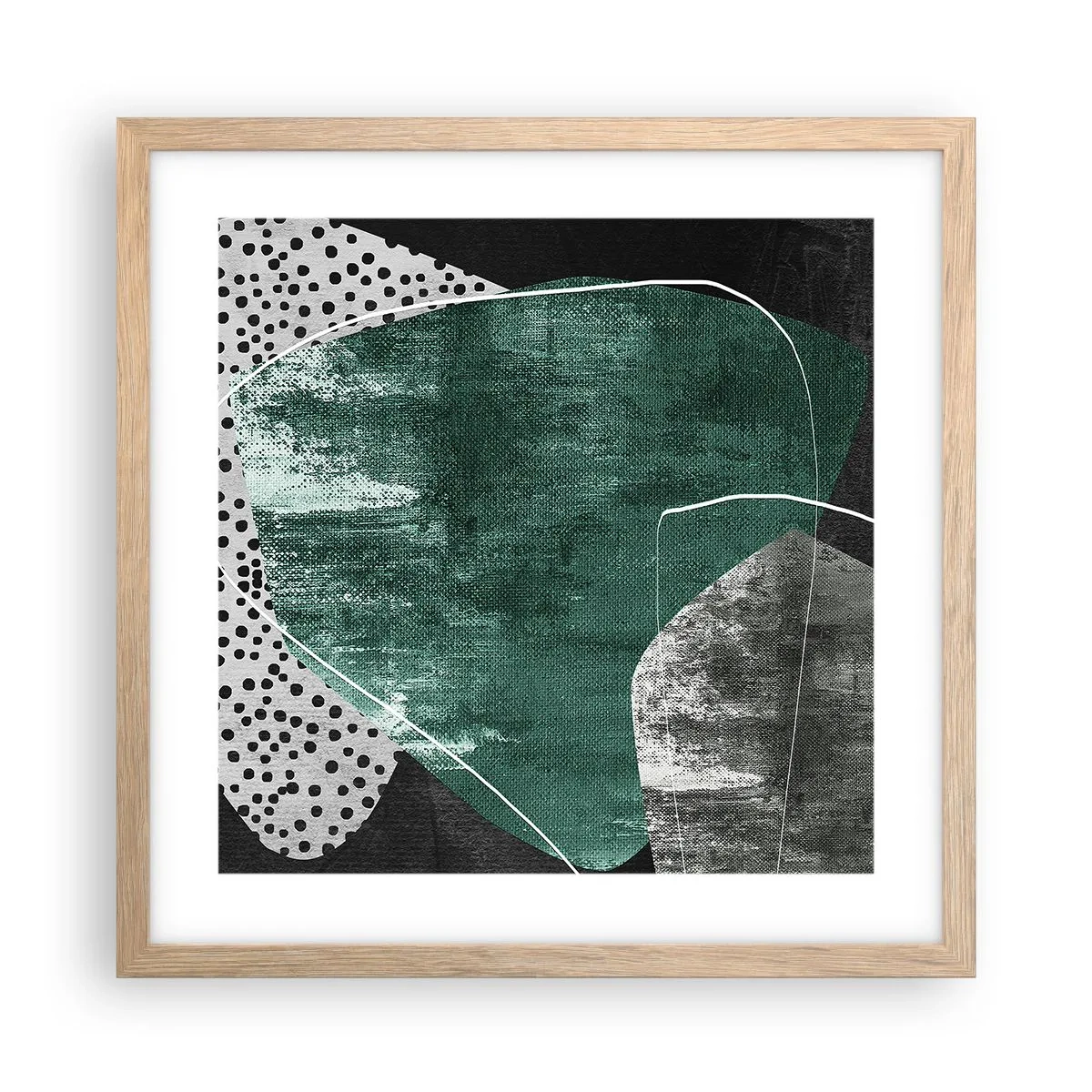 Een poster in een licht eiken lijst - Kleurrijke abstractie met bladgoud - 40x40 cm