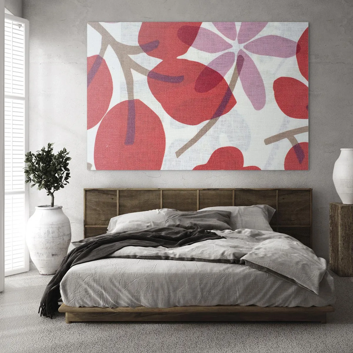 Schilderen op glas - Roze en rode bladeren en bloemen op een lichte achtergrond - 70x50cm - Bloemstuk in roze - Moderne wanddecoratie voor woonkamer en slaapkamer ARTTOR