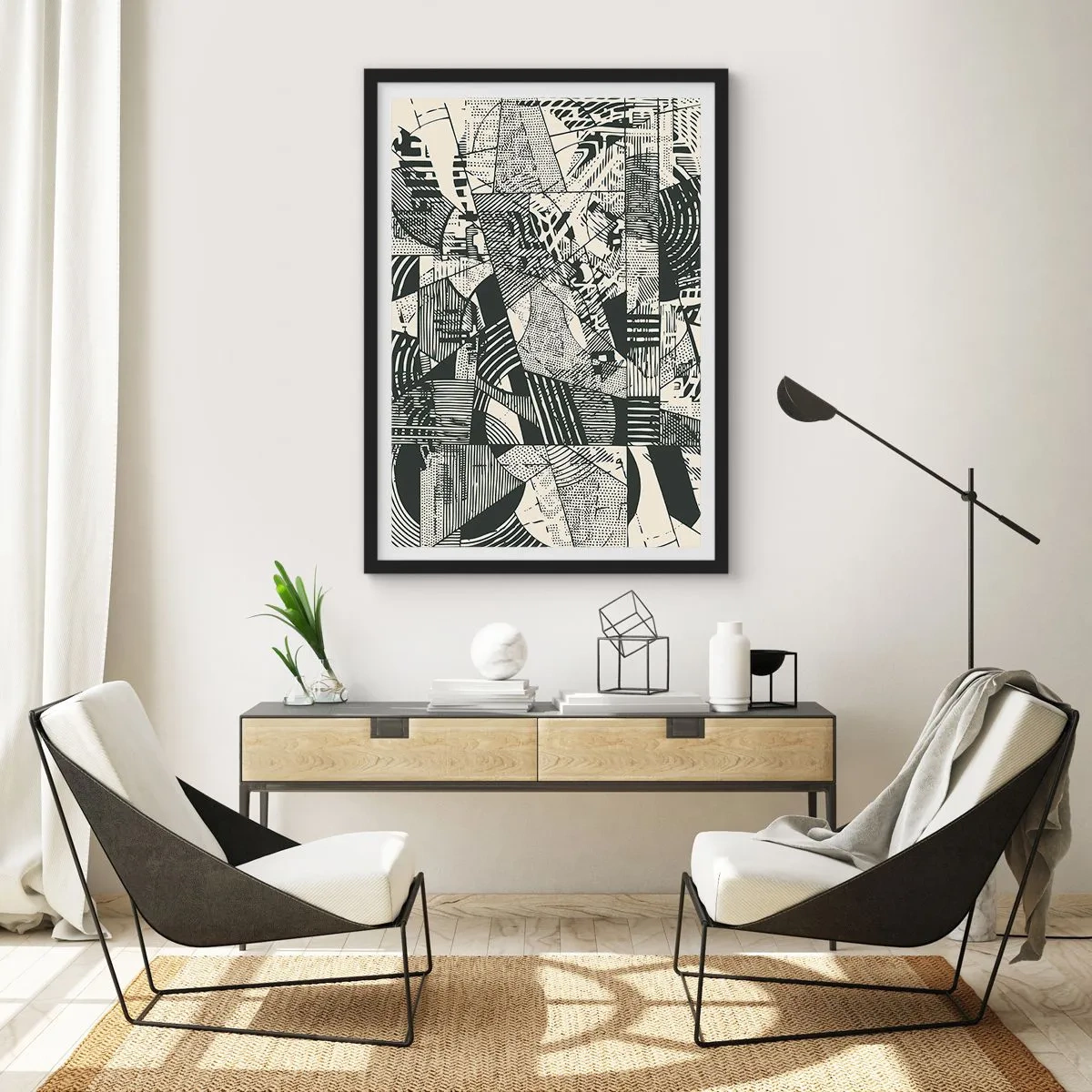 Poster in een zwarte lijst - Zwart-witte abstracte geometrische patronen - 50x70cm - De dynamiek van nu - Moderne wanddecoratie voor woonkamer en slaapkamer ARTTOR