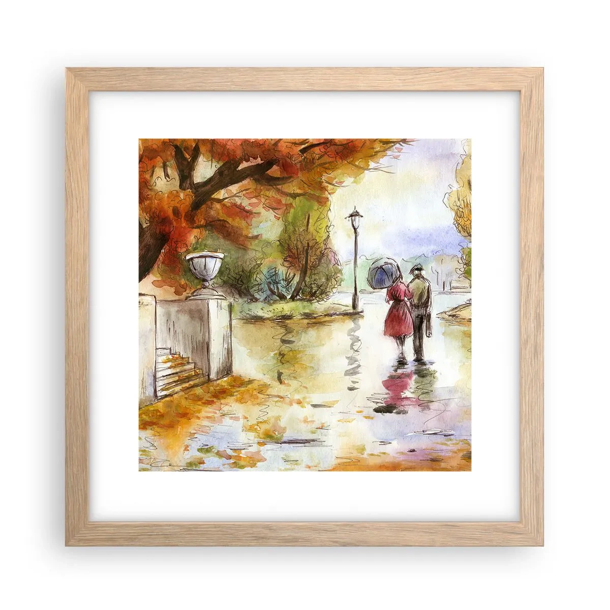 Een poster in een licht eiken lijst - Romantische herfst in het park - 30x30 cm