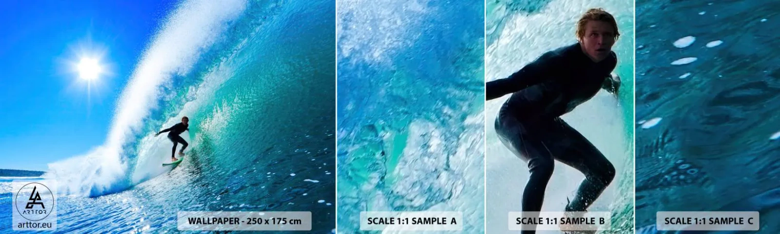 Fotobehang Monster Zelfklevend Deluxe Sticker - Door het grote blauw - Sport, Surfer, Zee - 100x30 cm