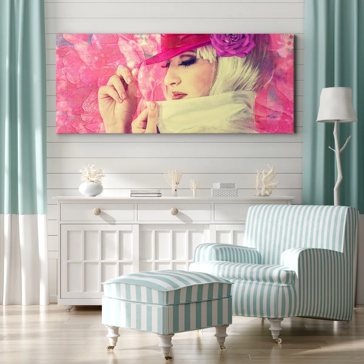 Schilderen op canvas - Retro portret in een roze mist - 100x40 cm