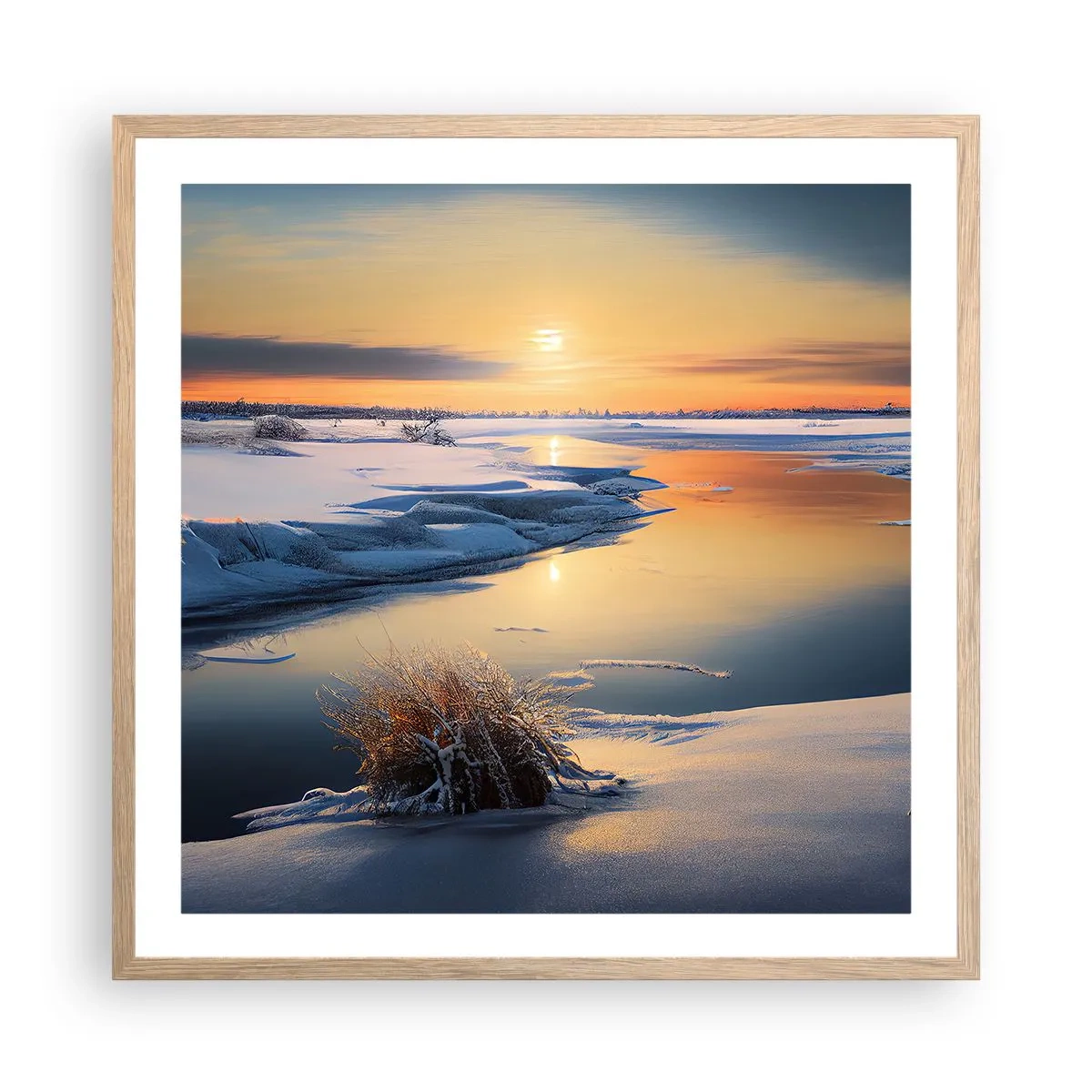 Een poster in een licht eiken lijst - Winterse zonsondergang - 60x60 cm