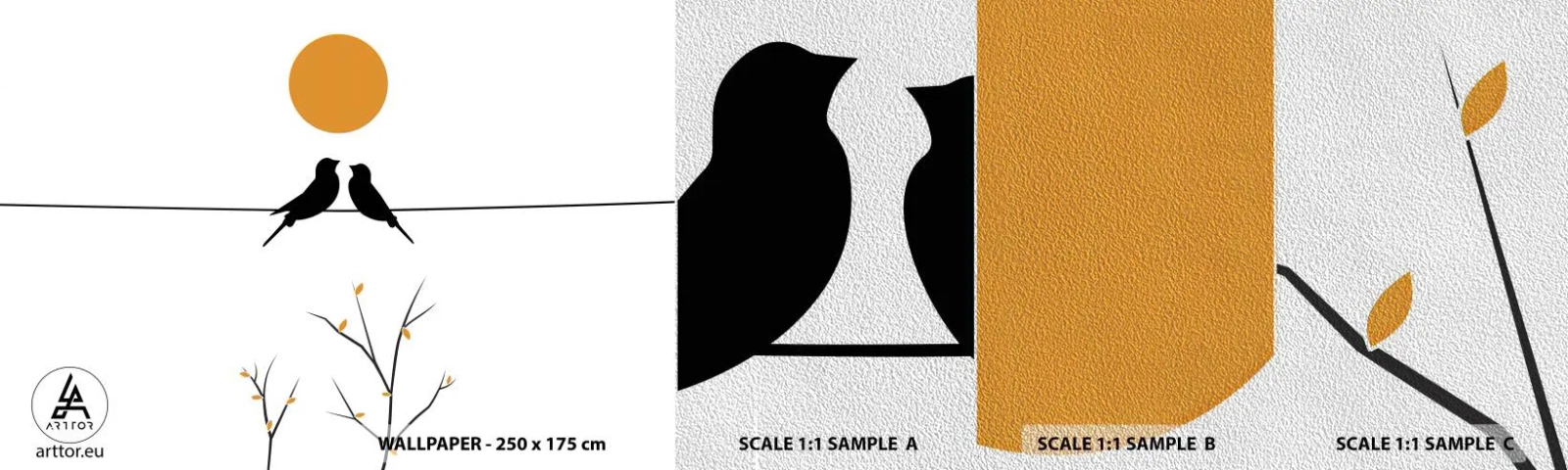 Fotobehang Monster Premium Sand - Nachtegalen avond - Abstractie, Vogels, Grafisch - 100x30 cm