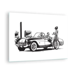 Schilderen op glas - Creatieve graphics met een klassieke auto en personages - 70x50cm - 60e - zorgeloos Amerika - Moderne wanddecoratie voor woonkamer en slaapkamer ARTTOR