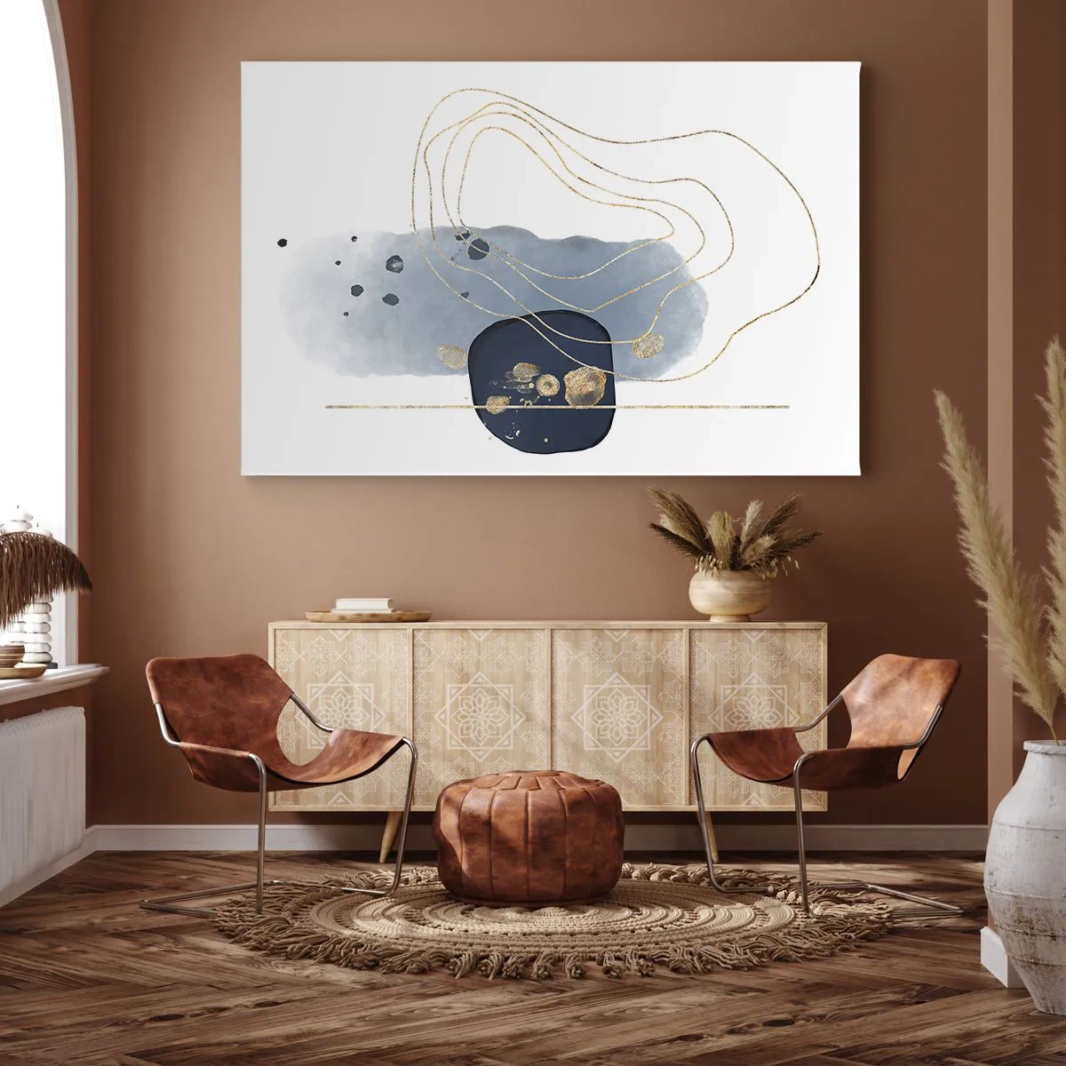 Schilderen op canvas - Abstractie in tinten blauw en goud - 70x50cm - Blauw en goud fantasie - Moderne wanddecoratie voor woonkamer en slaapkamer ARTTOR