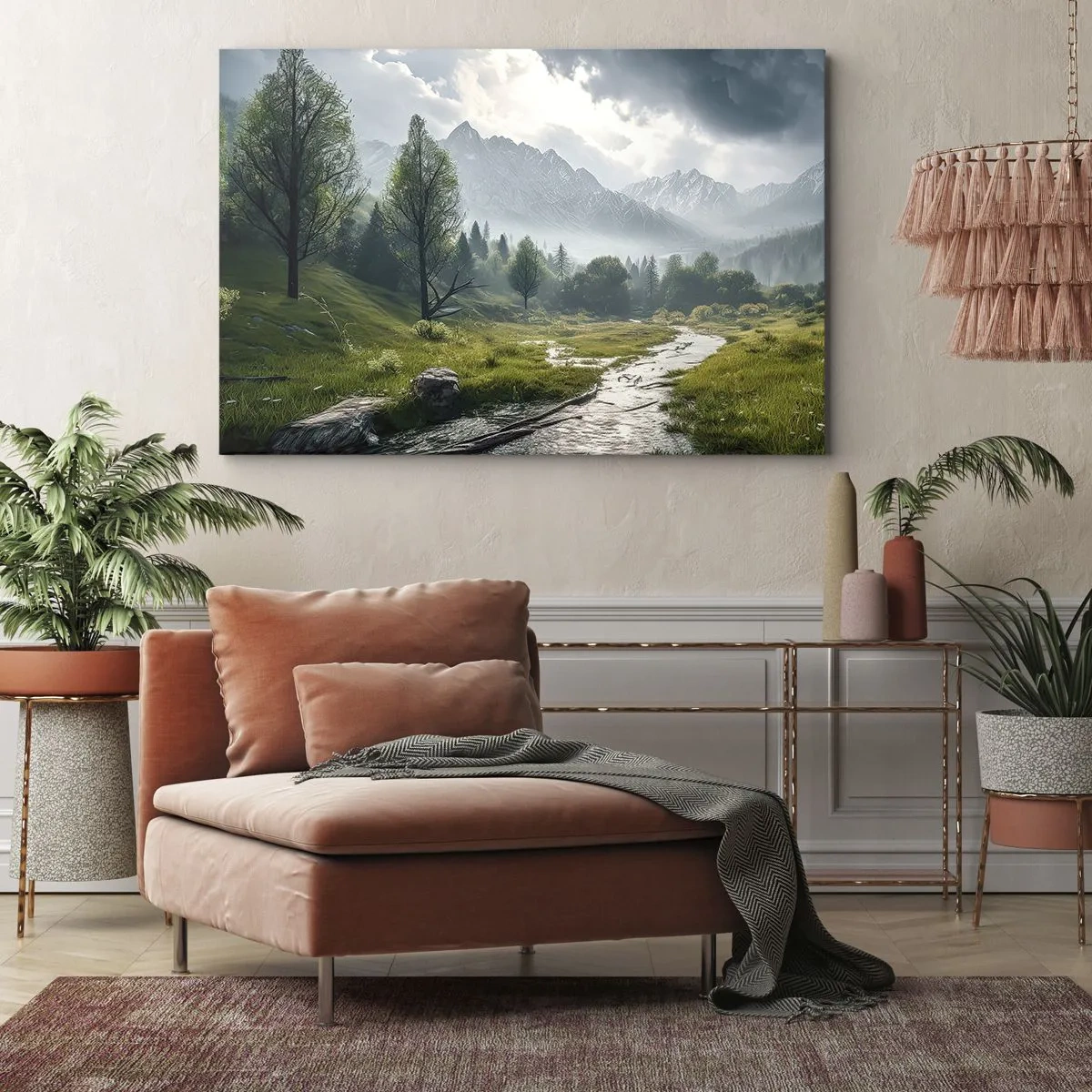 Schilderen op canvas - Een berglandschap met een rivier en bomen omgeven door mistige bergen - 70x50cm - Daarheen en terug - Moderne wanddecoratie voor woonkamer en slaapkamer ARTTOR