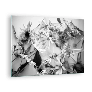Schilderen op glas - Verspreide zwart-witte bloemen in een artistiek arrangement - 70x50cm - Niet-boeket bloemen - Moderne wanddecoratie voor woonkamer en slaapkamer ARTTOR