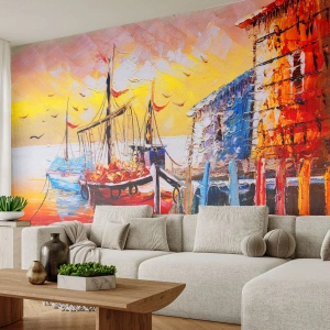 Fotobehang op maat Premium Sand - Gelukkige terugkeer - Landschap, Vissershaven, Boten