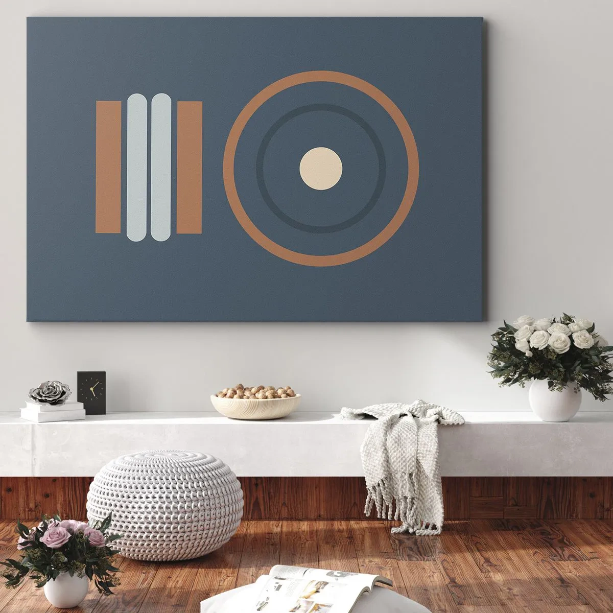 Schilderen op canvas - Een geometrische compositie met cirkels en rechthoeken in gedempte kleuren. - 70x50cm - De essentie van dingen - Moderne wanddecoratie voor woonkamer en slaapkamer ARTTOR