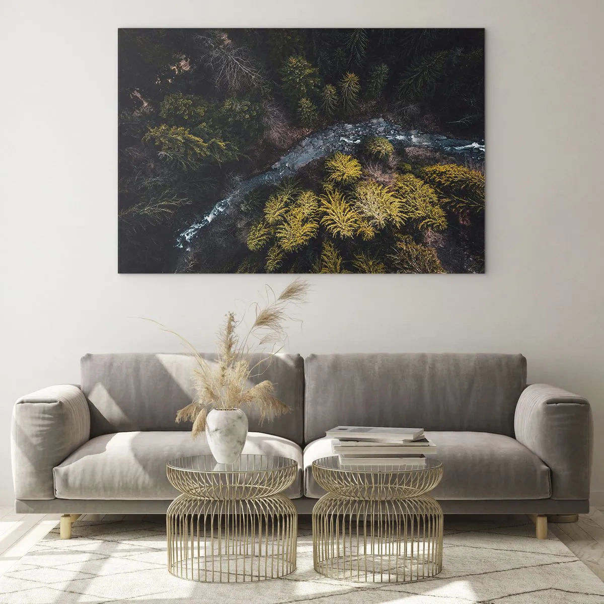Schilderen op glas - Een vogelperspectief van een boslandschap met een kronkelende beek - 70x50cm - Snel, sneller en sneller - Moderne wanddecoratie voor woonkamer en slaapkamer ARTTOR