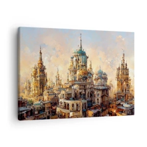 Schilderen op canvas - Architectonische torens in de stralen van de ondergaande zon - 70x50cm - Stad der steden - Moderne wanddecoratie voor woonkamer en slaapkamer ARTTOR