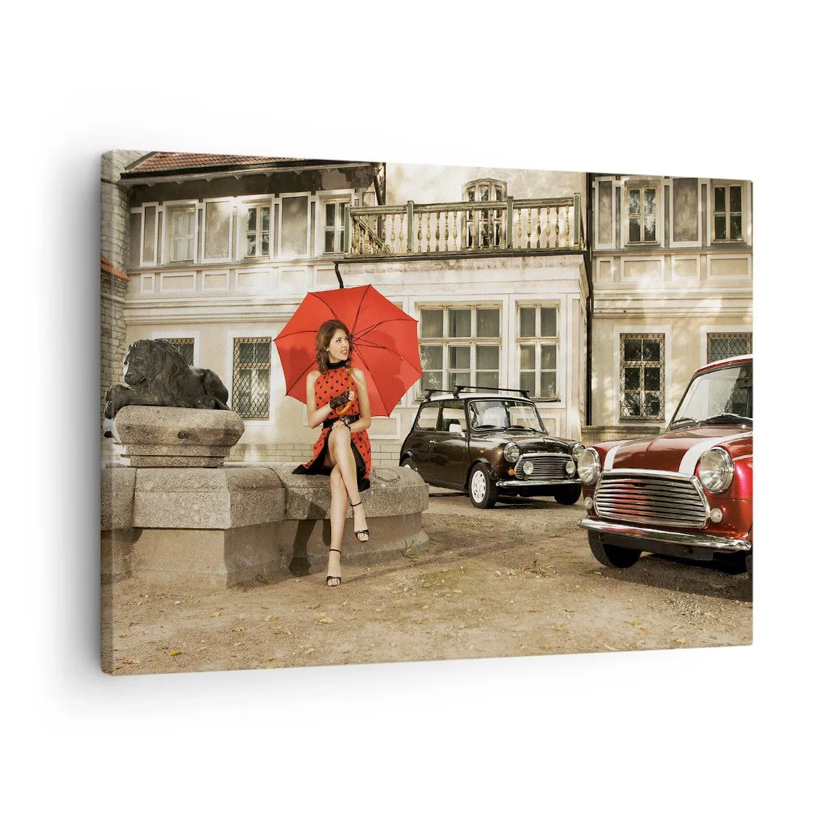 Schilderen op canvas - Vrouw met rode paraplu bij klassieke auto's - 70x50cm - Een sentimentele mini-reis - Moderne wanddecoratie voor woonkamer en slaapkamer ARTTOR