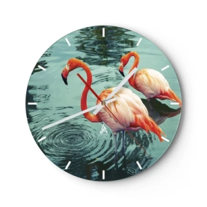 Wandklok - Klok - Twee flamingo's op het water met hun weerspiegeling in het kalme oppervlak - 30x30cm - We zijn nu in de mode - Moderne wanddecoratie voor woonkamer, keuken en slaapkamer ARTTOR