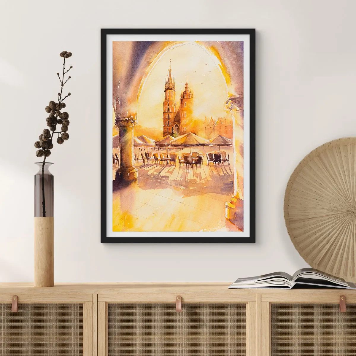 Poster in een zwarte lijst - Zonsopgang boven het marktplein van Krakau - 40x50 cm