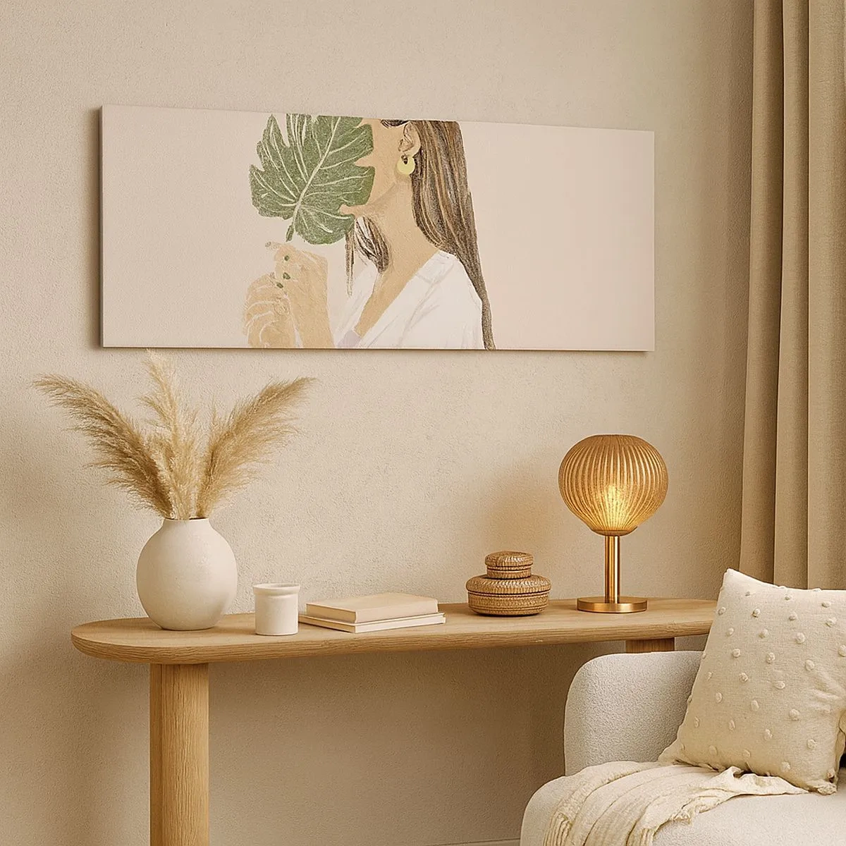 Schilderen op canvas - Mysterieus portret met een waaier - 100x40 cm