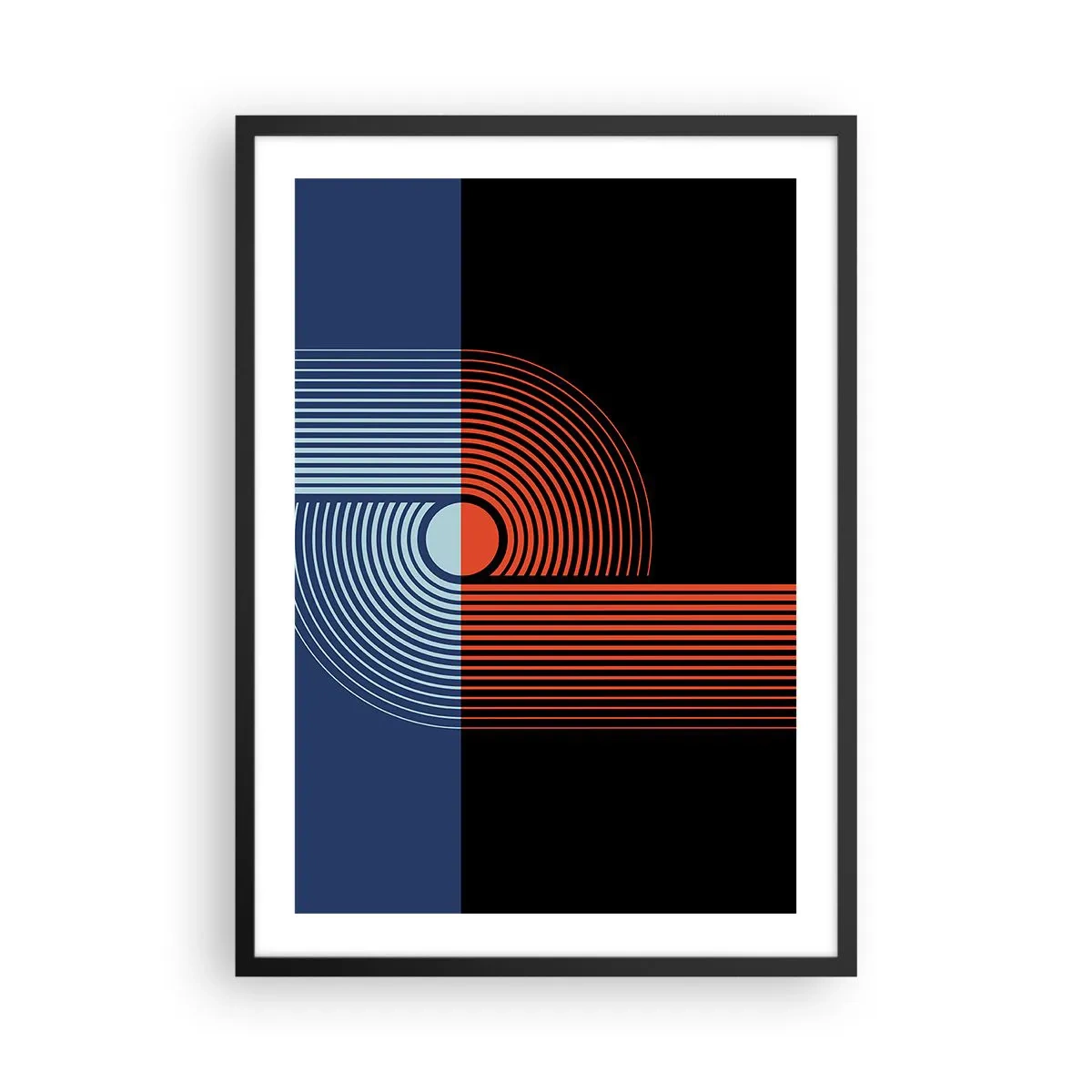 Poster in een zwarte lijst - Geometrische compositie met lijnen in marineblauw en oranje. - 50x70cm - In een geometrische omhelzing - Moderne wanddecoratie voor woonkamer en slaapkamer ARTTOR