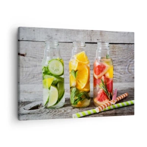 Schilderen op canvas - Flessen fruitwater en kruiden op een houten achtergrond - 70x50cm - Van nature gezond - Moderne wanddecoratie voor woonkamer en slaapkamer ARTTOR