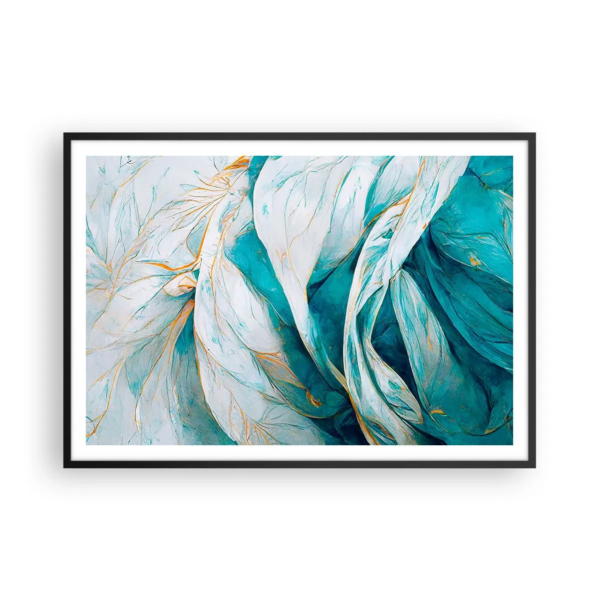 Poster in een zwarte lijst - Blauwe abstractie met een gouden motief - 100x70 cm