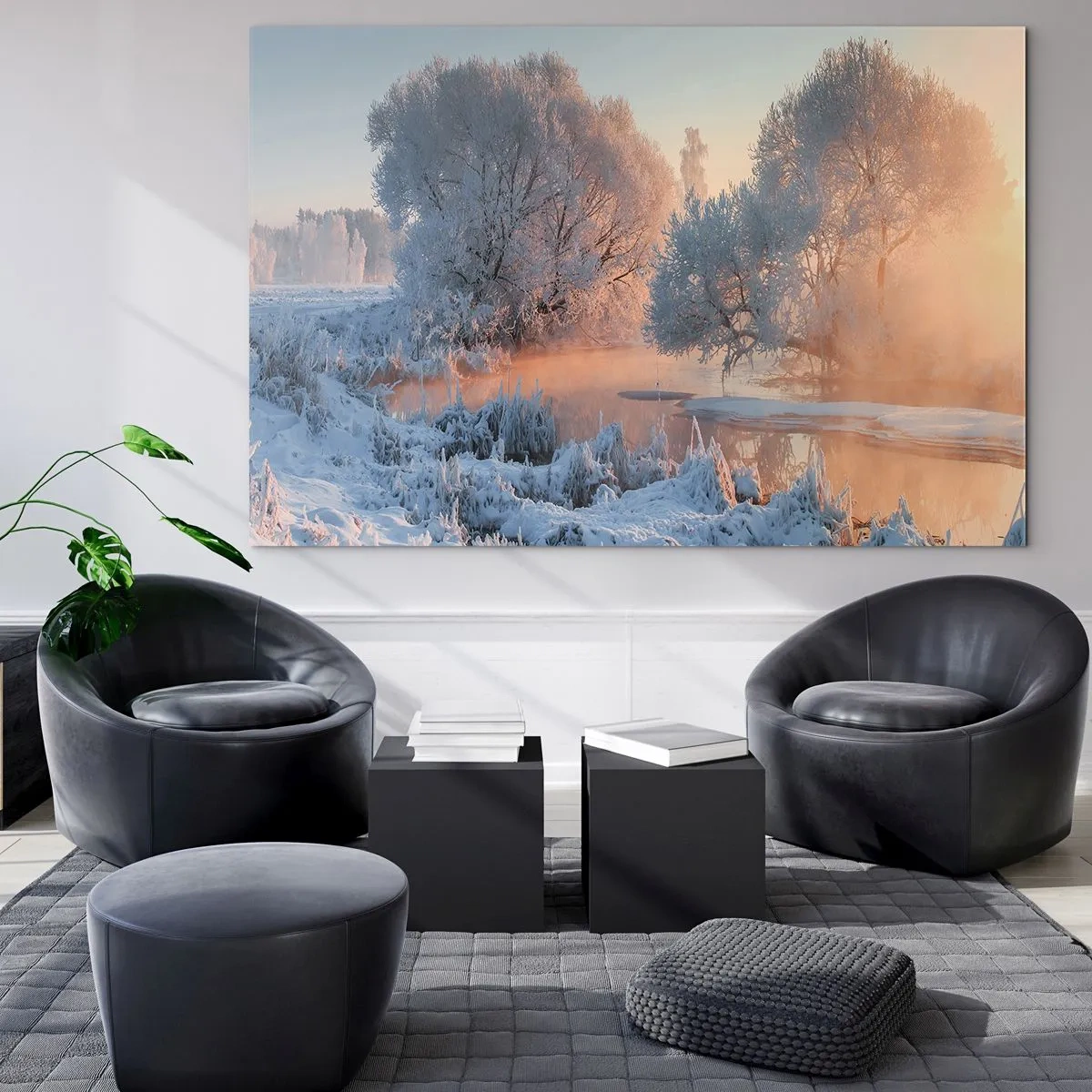 Schilderen op glas - Winterlandschap met een bevroren meer en ochtendmist - 70x50cm - Alles in het kristal schijnt in de zon - Moderne wanddecoratie voor woonkamer en slaapkamer ARTTOR